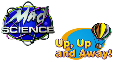 Blue, green, and gray Mad Science logo, and the words Up, Up, and Away in yellow with a multi color hot air balloon. 