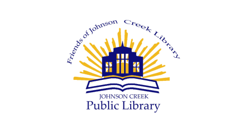 Friends of the Johnson Creek Public Library Logo, building on an open book with sunshine rays behind it