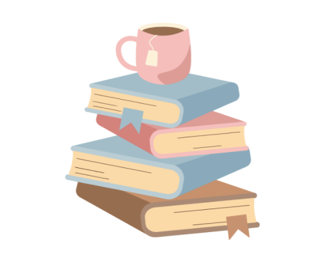 Brown, blue, and pink books stacked with a cup of tea on top