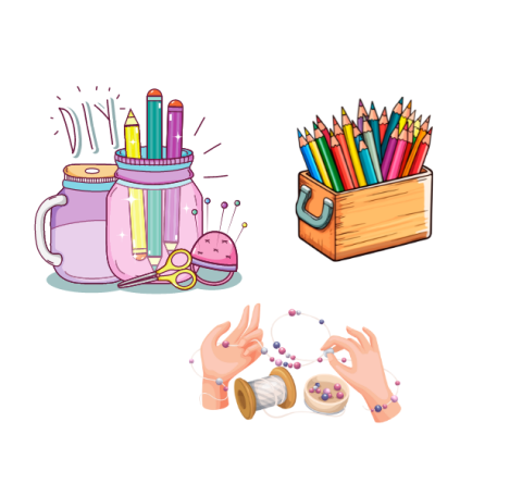 Box of color pencils, hands beading a necklace, and pencil in jar with pin cushion and scissors by jar and 