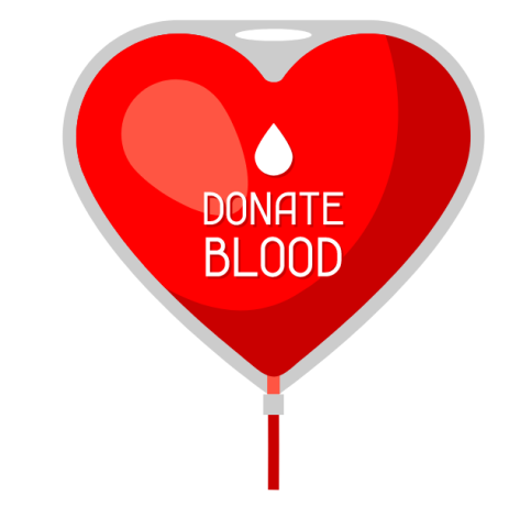 Red Heart with a white drop on it with the words Donate Blood