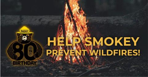 Help Smokey Prevent Wildfires! Smokey's 80th Birthday! Text and Smokey hugging 80th over a beach bonfire background