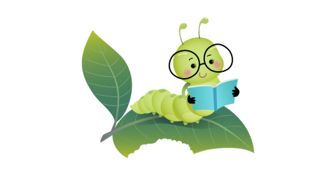 Light green inchworm with glasses on reading a book on a dark green leaf 