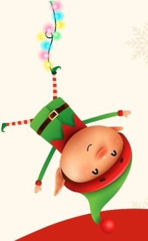 Christmas elf hanging upside-down by a string of Christmas lights wrapped around his right ankle