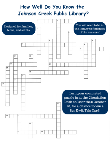 A crossword puzzle titled How Well Do You Know the Johnson Creek Public Library?