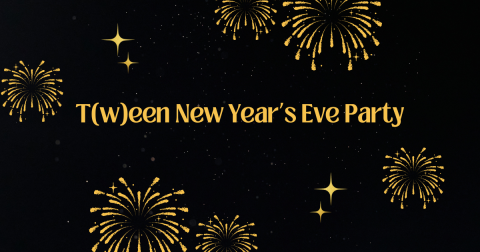 Black Background with gold fireworks and gold lettering that says, "T(w)een New Year's Eve Party"