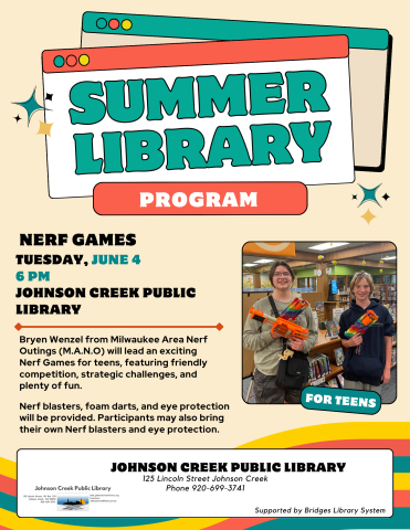 Summer library nerf games program flyer. Shows two teenagers holding nerf guns ready to play.