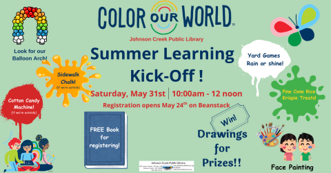 multiple colors on green announcing 2025 Summer Learning Kickoff, cotton candy, sidewalk chalk, treats and drawings