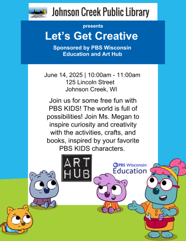 blue and green background with animated characters and advertising a family fun event with PBS and Art Hub