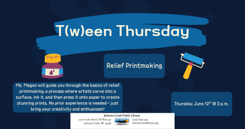 Dark Blue Background with paint roller and ink bottle T(w)een Thursday Relief Printmaking