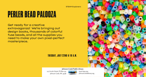 multi color perler beads with Perler bead program on yellow background