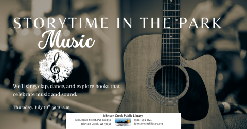 blurred brownish background with a muted brown guitar in the front for Storytime in the Park - Music