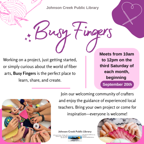 hands doing crafts and knitting, pink outline of yarn and needle heart in purple