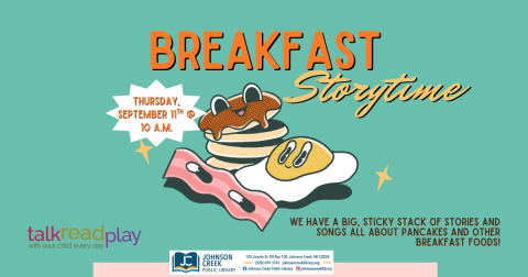 cartoon stack of pancakes, egg and bacon for a storytime about breakfast