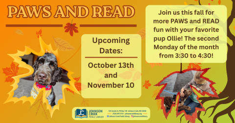 picture of a dog and girl in the outline of leaves for paws and read