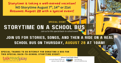 storytime on a school bus, yellow and black bus with a brown background