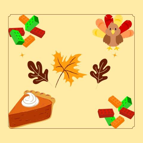 Lego bricks, leaves, a turkey, and a slice of pumpkin pie on a yellow background