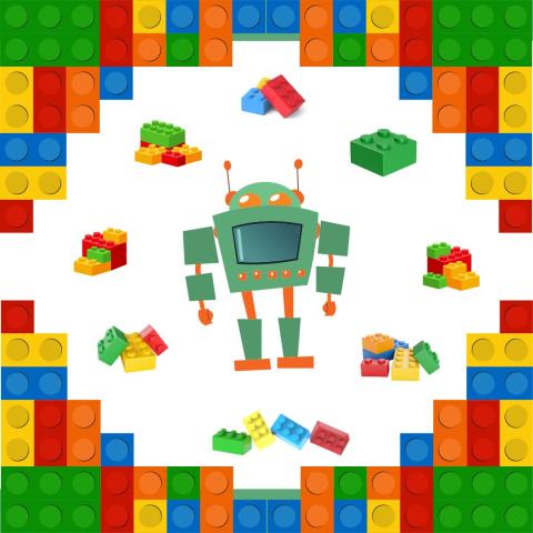 Green robot with Lego bricks all around it
