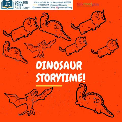Orange Background with black dinosaur outlines and white text that says Dinosaur Storytime