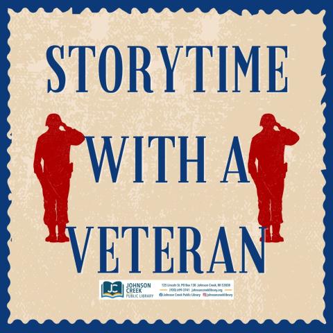 Blue background with a tan square over it with red soldiers and blue text that says Storytime with a Veteran