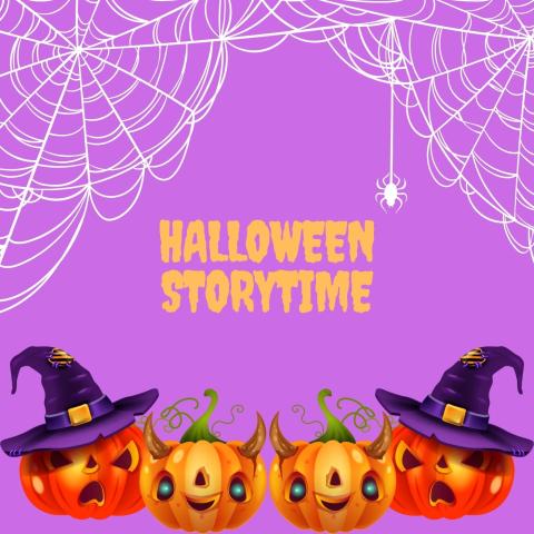 Purple Background with white cobwebs, jack-o-lanterns, and yellow text that says Halloween Storytime