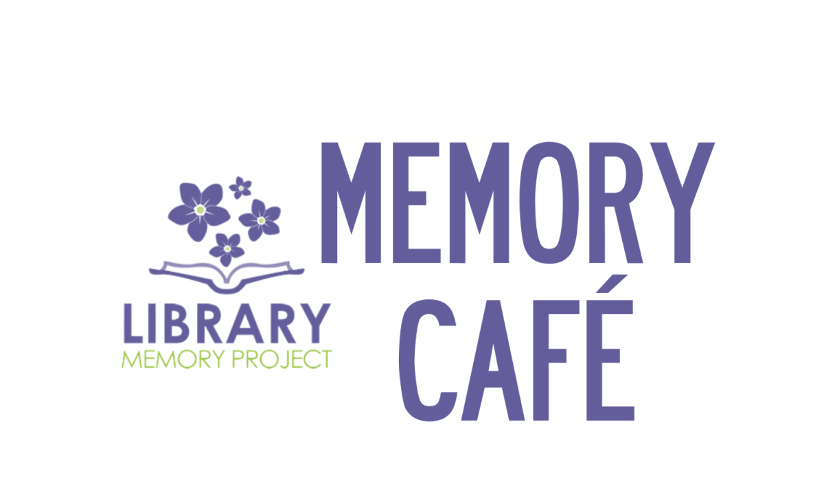 Purple Flowers over open book with the words Library Memory Project Memory Cafe