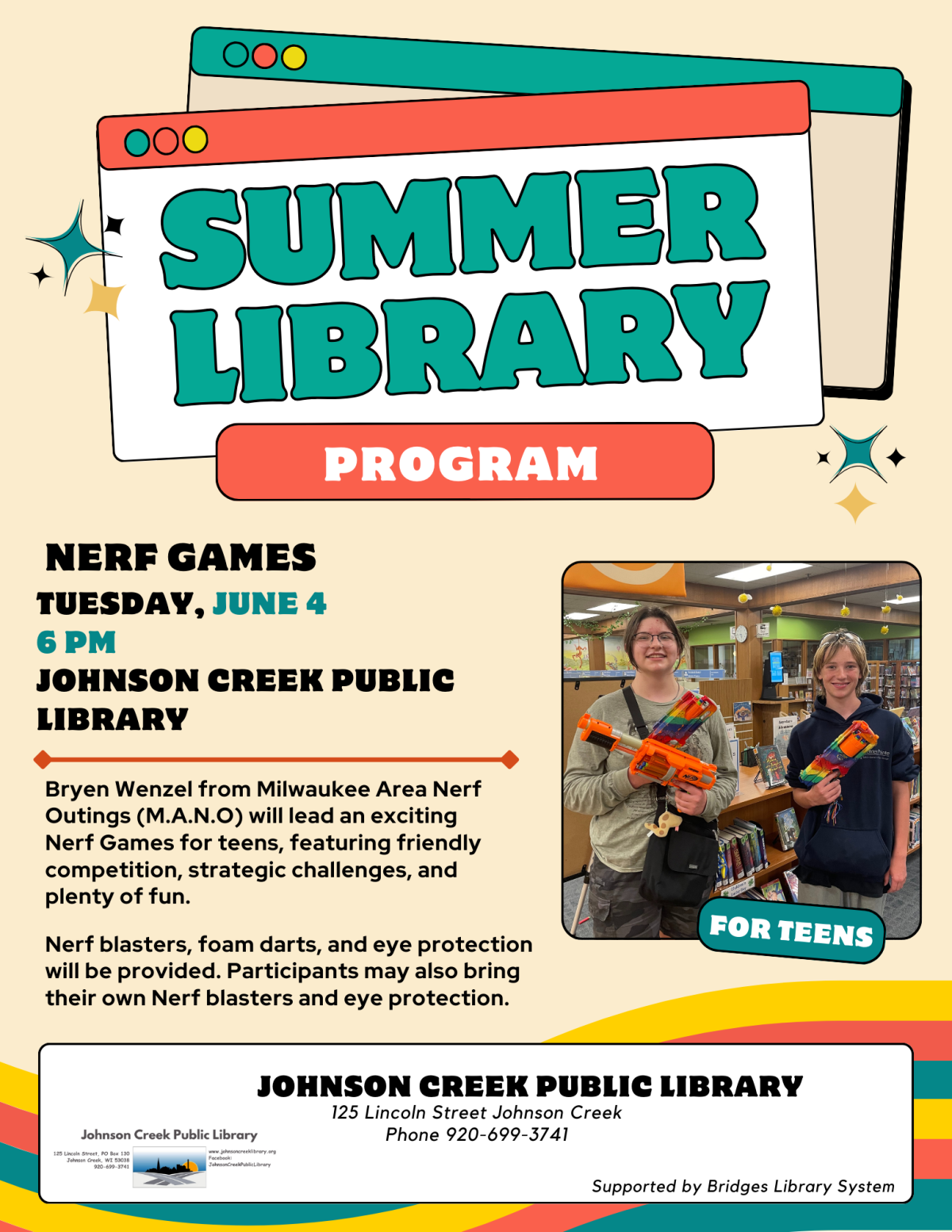 Summer library nerf games program flyer. Shows two teenagers holding nerf guns ready to play.