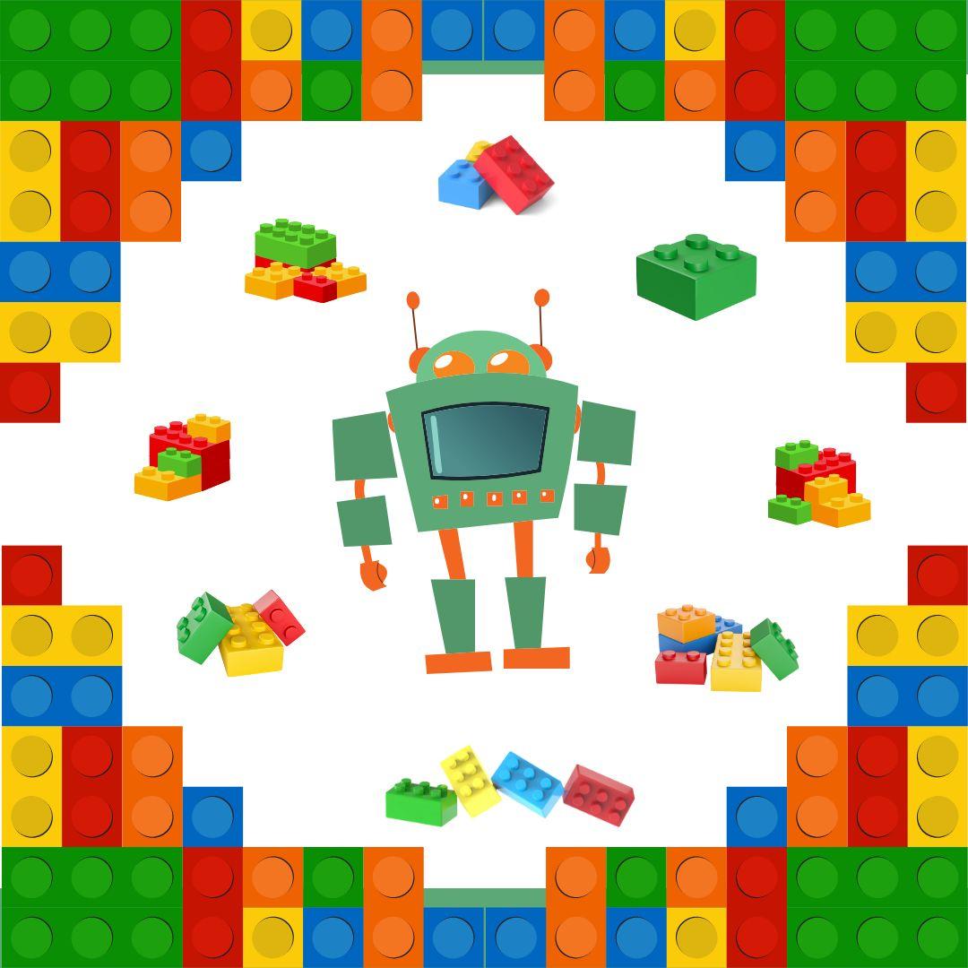 Green robot with Lego bricks all around it