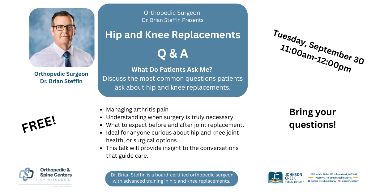 picture of Dr. Brian Steffin advertising a hip and knee replacement presentation