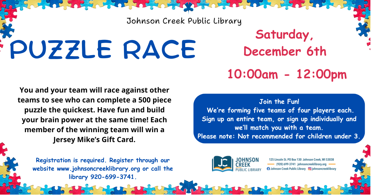 multi colored puzzle pieces advertising a puzzle race on Dec 6